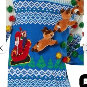 Festive Blue Christmas Sweater with Reindeer and Santa that's Lights up!